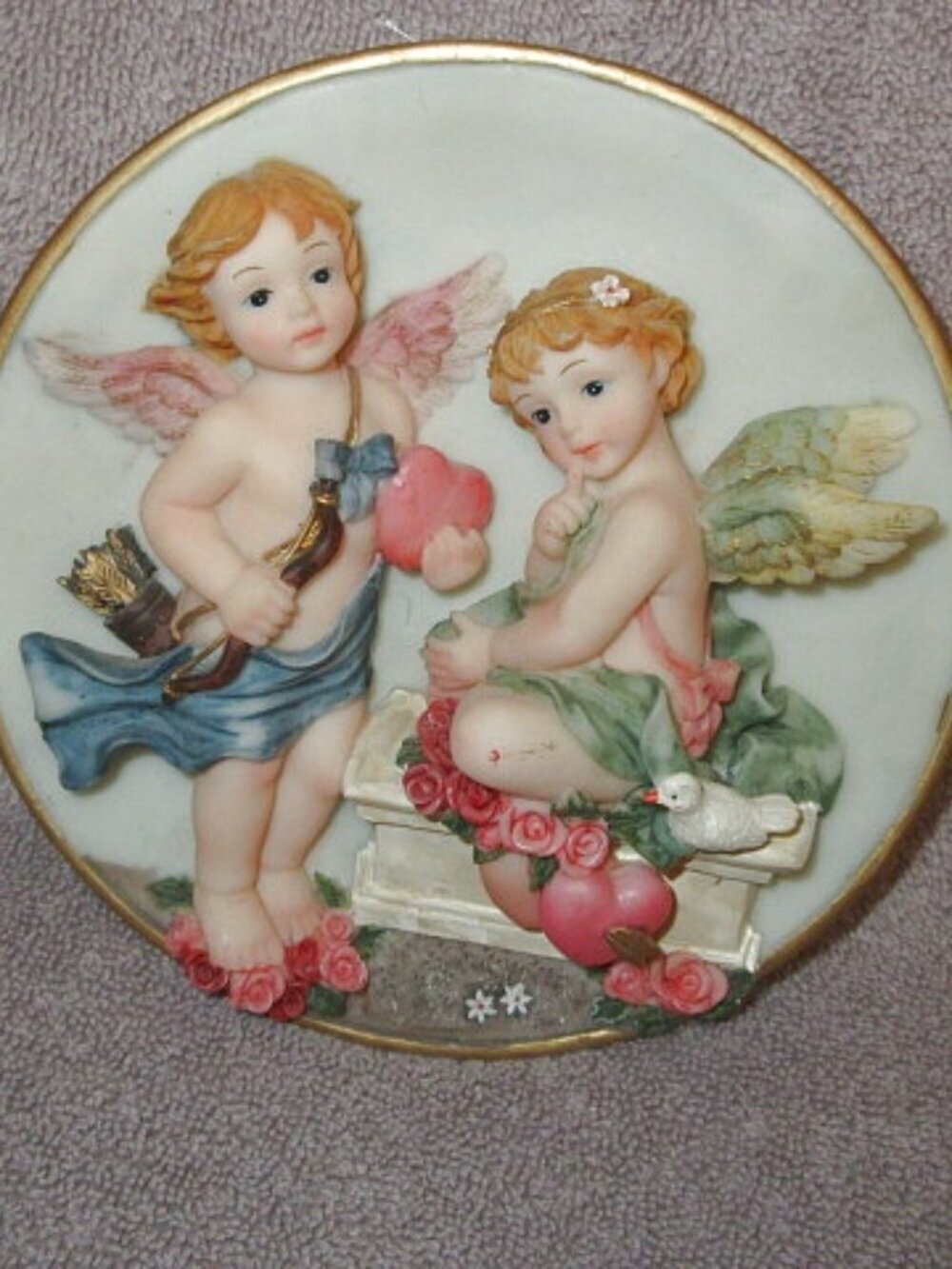 Vtg Angel Cherub Plate 3D Raised Relief Edwardian Romantic Floral Heart Dove 6"